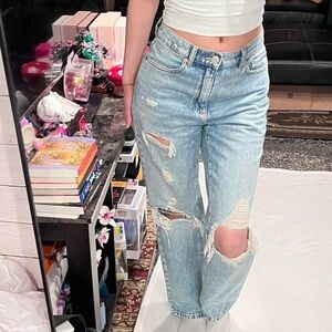 garage denim vintage wash straight leg distressed jeans